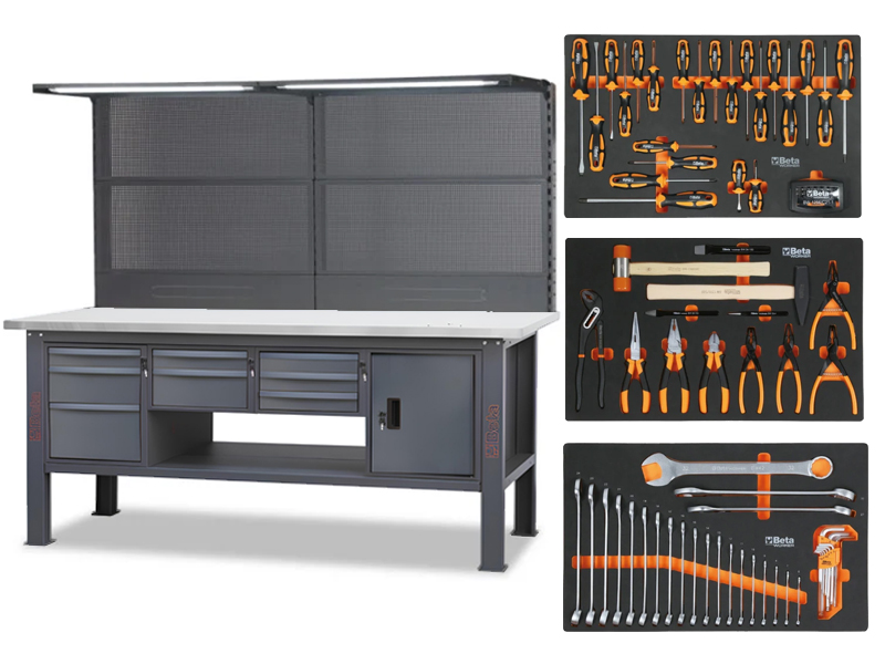 Banco da lavoro Beta C58BC-W2,1/A 210cm antracite con piano in acciaio inox e 89 utensili