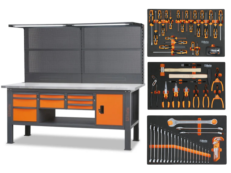 Banco da lavoro Beta C58BC-W2,1/O 210cm bicolore con piano in acciaio inox e 89 utensili