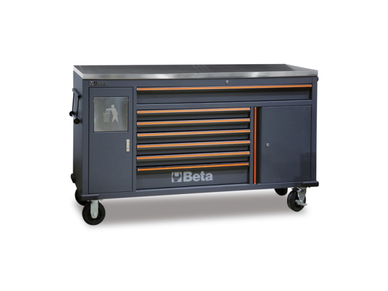 Cassettiera mobile Beta Work Station con 7 cassetti, cestino e piano in acciaio inox