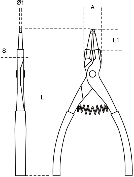 Schema tecnico pinze becchi dritti anelli elastici sicurezza Beta 1036BA
