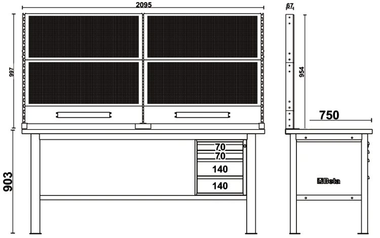 Schema tecnico misure banco da lavoro C58BC-W2,1 4C Beta Utensili