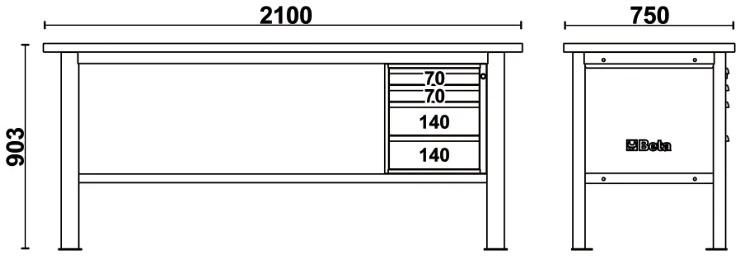 Schema tecnico misure banco da lavoro C58BC-W2,1 4C Beta Utensili