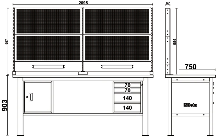 Schema tecnico misure banco da lavoro C58BC-W2,1 4CA Beta Utensili