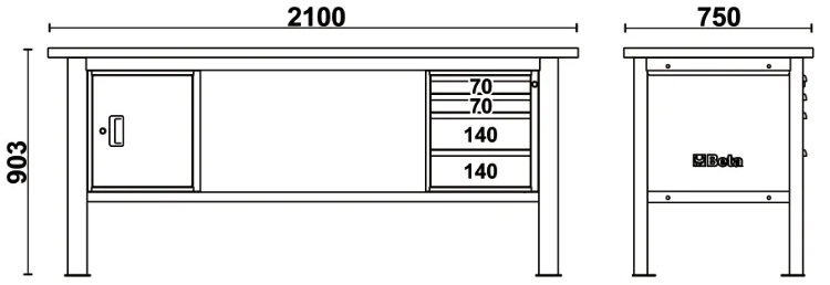 Schema tecnico misure banco da lavoro C58BC-W2,1 4CA/O Beta Utensili