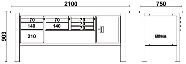 Schema tecnico misure banco da lavoro C58BC-W2,1 8CA Beta Utensili