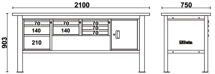 Schema tecnico misure banco da lavoro C58BC-X2,1 8CA/O Beta Utensili