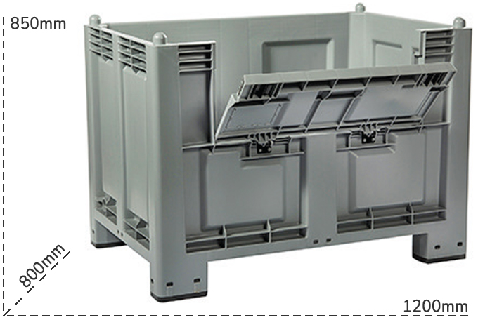 Schema tecnico cassa pallet con 4 piedi e portello Carvel 600 litri