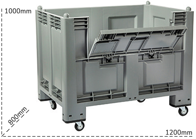 Schema tecnico cassa pallet con 4 ruote e portellone Carvel 600 litri