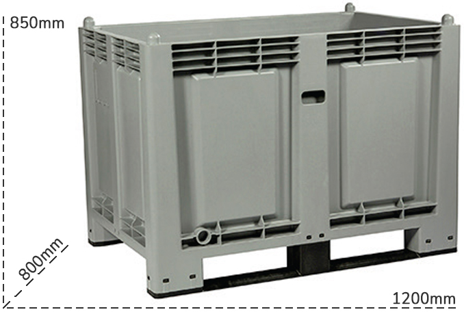 Schema tecnico cassa pallet con 2 traverse Carvel 600 litri