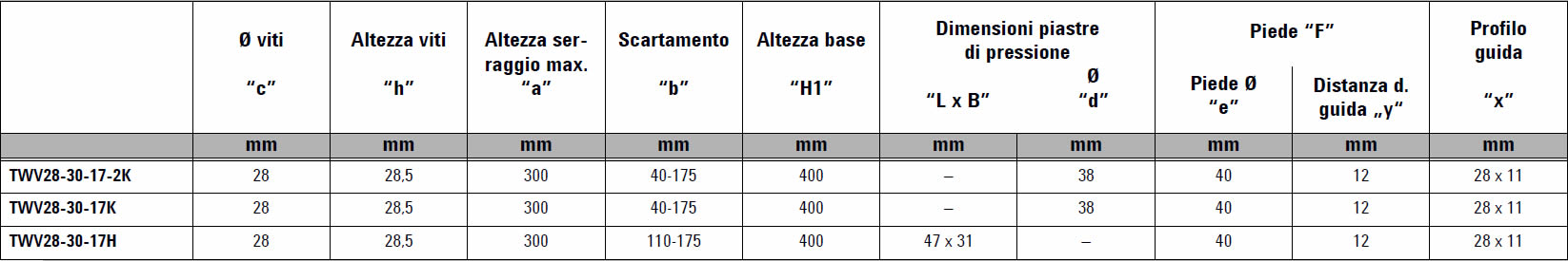 tabella dettagliata elementi di serraggio TWV28