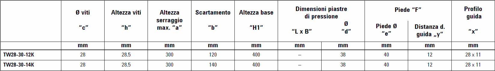 tabella dettagliata elementi di serraggio TW28