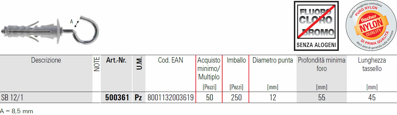 scheda tecnica tassello  a espansione SB 12/1 fischer