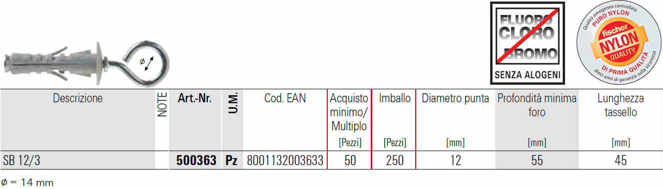 scheda tecnica tassello  a espansione SB 12/3 fischer