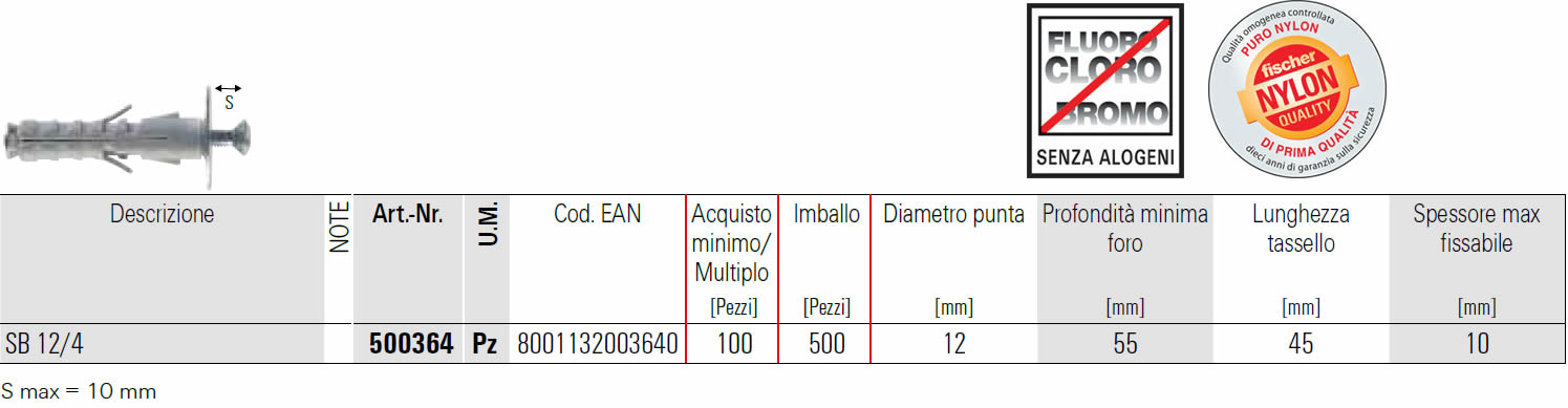 scheda tecnica tassello  a espansione SB 12/4 fischer