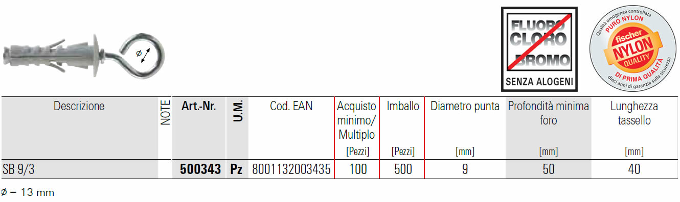 scheda tecnica tassello  a espansione SB 9/3 fischer