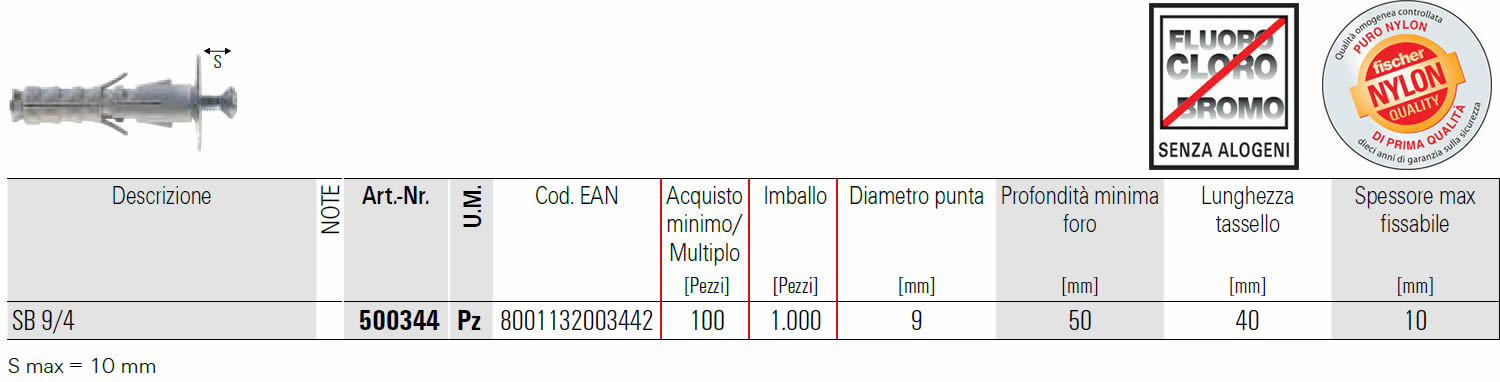 scheda tecnica tassello  a espansione SB 9/4 fischer