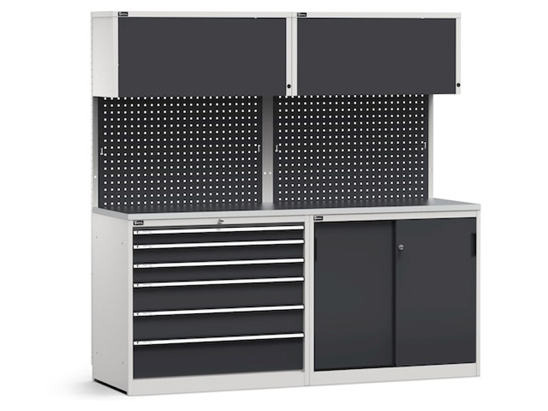 Arredo modulare Fami GARAGE051 piano acciaio, cassettiera e armadio ante  scorrevoli, 2040mm [GARAGE051]