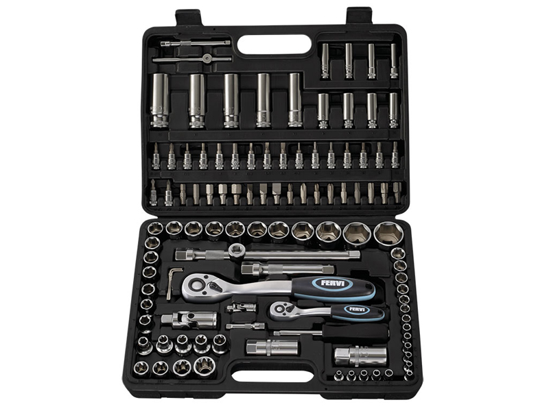 Set 108 chiavi a bussola cromate Fervi S108 da 1/4" e 1/2" in valigetta