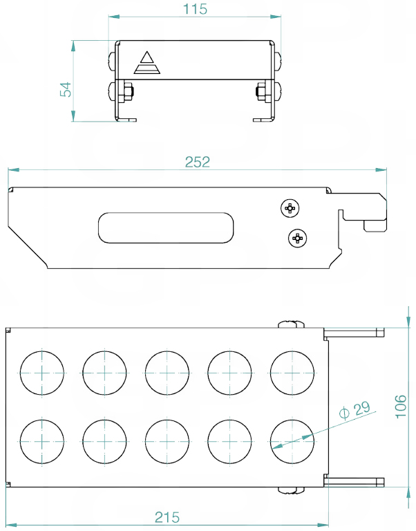 Schema tecnico mensola porta perni taglia S GPPH per tavoli saldatura con fori 28mm
