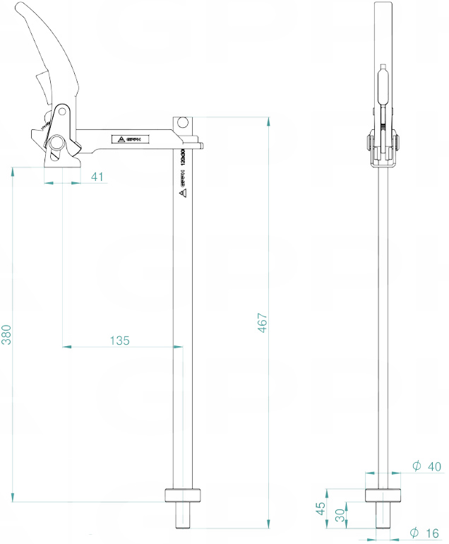 Schema tecnico morsetto a leva fisso GPPH per tavoli saldatura con fori 16mm