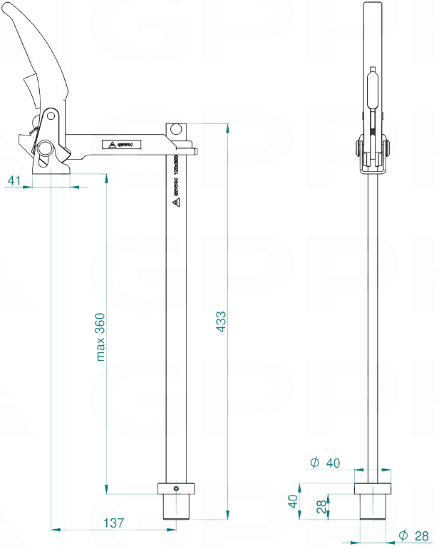 Schema tecnico morsetto a leva fisso GPPH per tavoli saldatura con fori 28mm