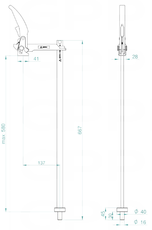 Schema tecnico morsetto a leva fisso GPPH per tavoli saldatura con fori 16mm