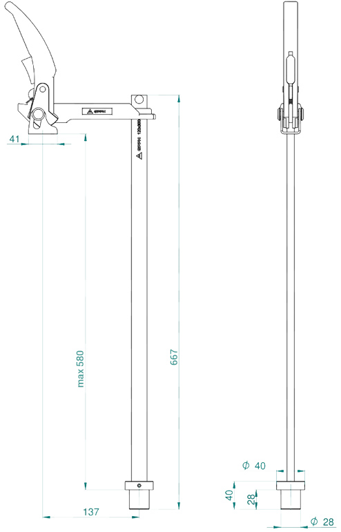 Schema tecnico morsetto a leva fisso GPPH per tavoli saldatura con fori 28mm