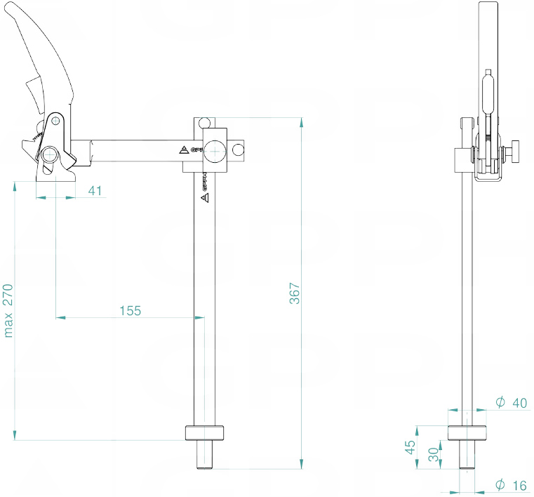 Schema tecnico morsetto a leva variabile GPPH per tavoli saldatura con fori 16mm