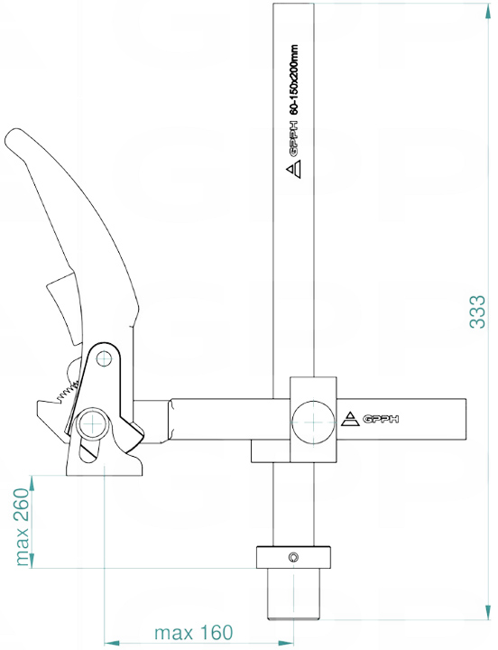 Schema tecnico morsetto a leva variabile GPPH per tavoli saldatura con fori 28mm