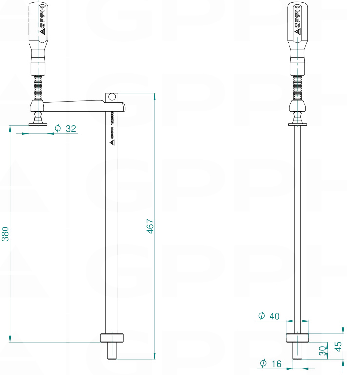Schema tecnico morsetto a vite fisso GPPH per tavoli saldatura con fori 16mm