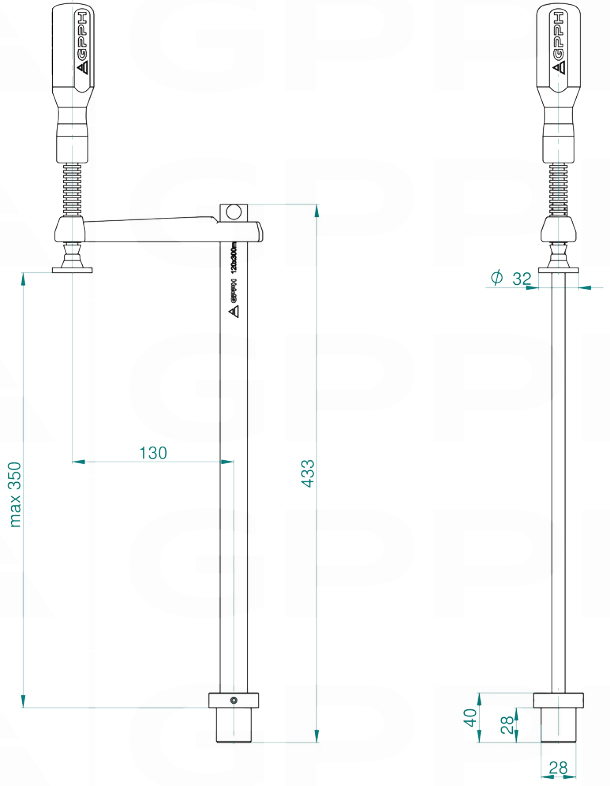 Schema tecnico morsetto a vite fisso GPPH per tavoli saldatura con fori 28mm