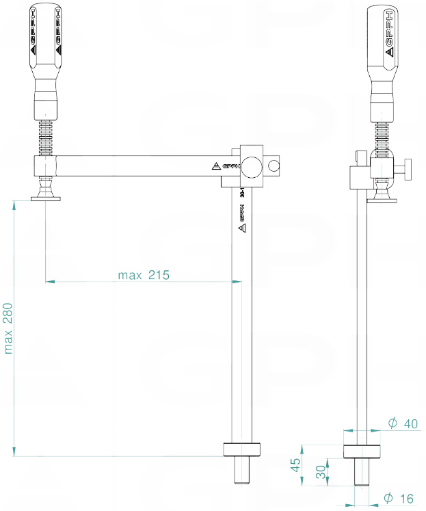 Schema tecnico morsetto a vite variabile GPPH per tavoli saldatura con fori 16mm