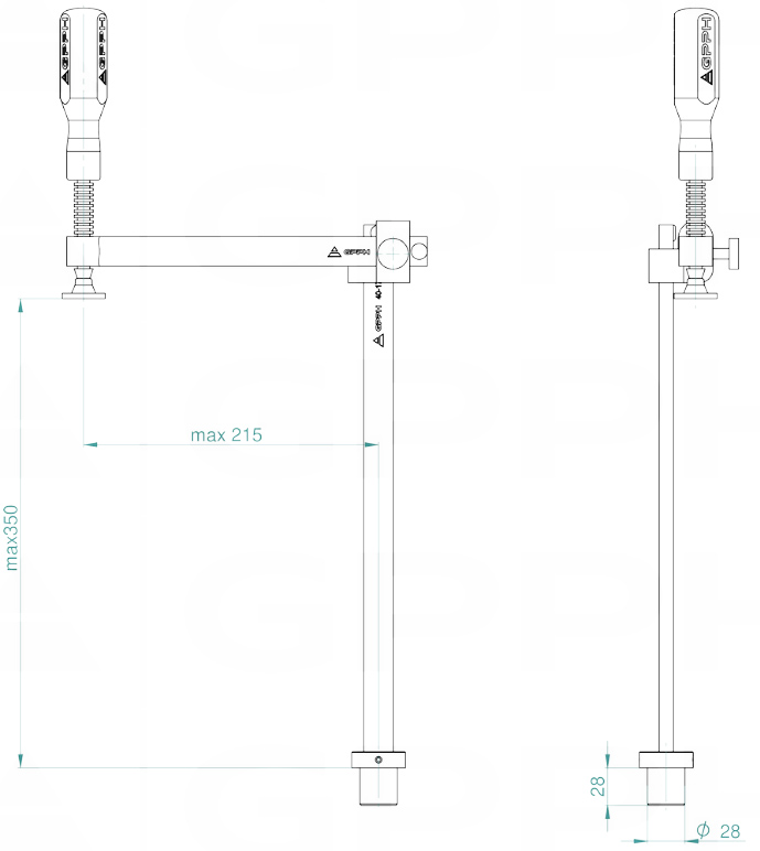 Schema tecnico morsetto a vite variabile GPPH per tavoli saldatura con fori 28mm