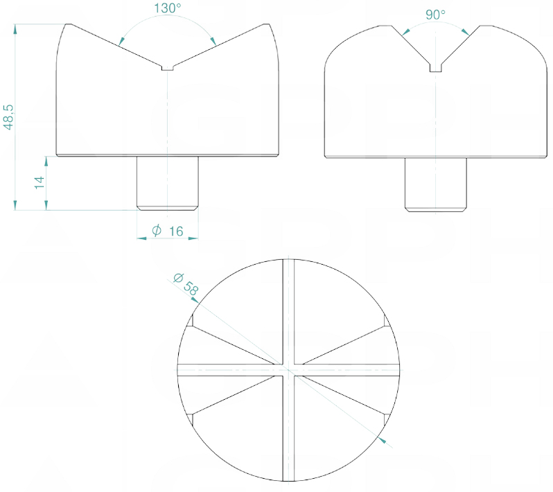 Schema tecnico prsima 58mm - 130-90° GPPH per tavoli saldatura con fori 16mm
