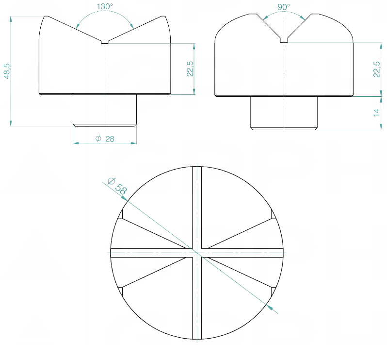 Schema tecnico prsima 58mm - 130-90° GPPH per tavoli saldatura con fori 28mm