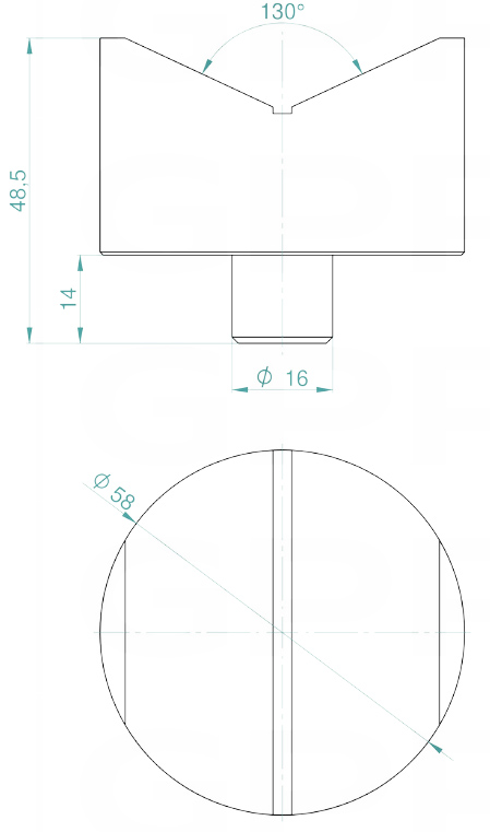 Schema tecnico prsima 58mm - 130° GPPH per tavoli saldatura con fori 16mm