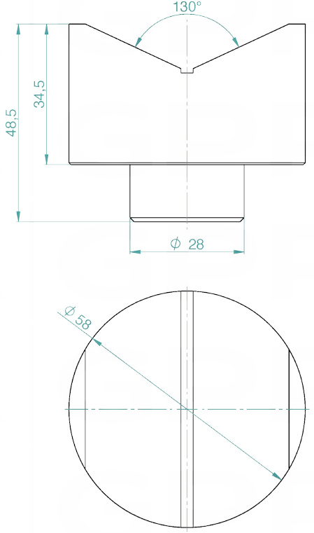 Schema tecnico prsima 58mm - 130° GPPH per tavoli saldatura con fori 28mm