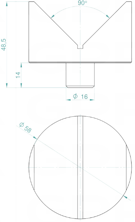 Schema tecnico prsima 58mm - 90° GPPH per tavoli saldatura con fori 16mm