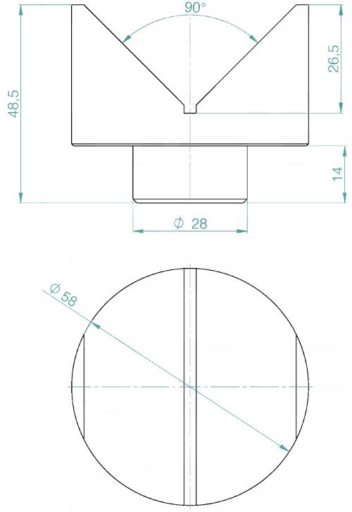 Schema tecnico prsima 58mm - 90° GPPH per tavoli saldatura con fori 28mm
