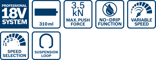 icone funzioni pistola silicone Bosch GCG 18V-310