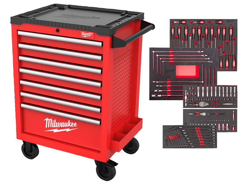 Carrello portautensili rosso Milwaukee SRC27/7-1 7 a 7 cassetti con 186 utensili per l'automotive