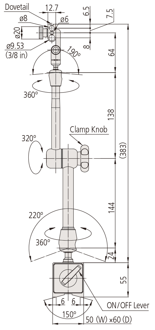 Schema tecnico base magnetica comparatori Uni Joint Serie 7 Mitutoyo