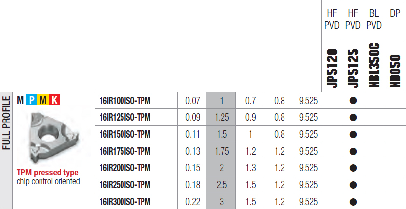 tabella dettagliata inserto 16IR 100ISO-TPM