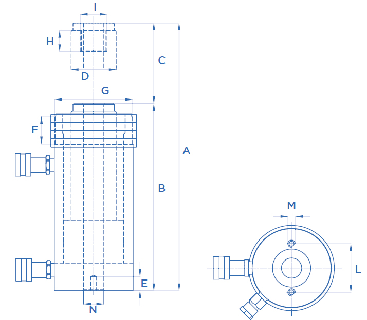 Schema tecnico cilindro idraulico forato doppio effetto OMCN 367/R