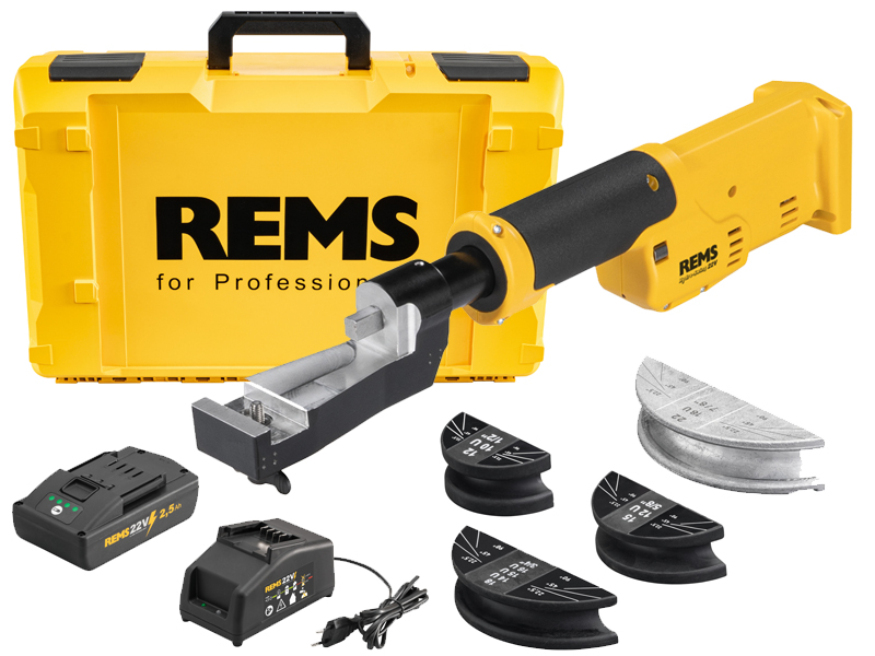 Curvatubi a batteria REMS Hydro-Swing 22V in set con batteria, caricabatteria e 4 matrici, 12-22mm