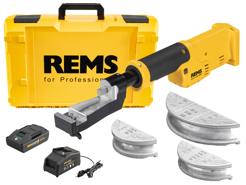 Curvatubi a batteria REMS Hydro-Swing 22V in set con batteria, caricabatteria e 3 matrici, 15-22mm