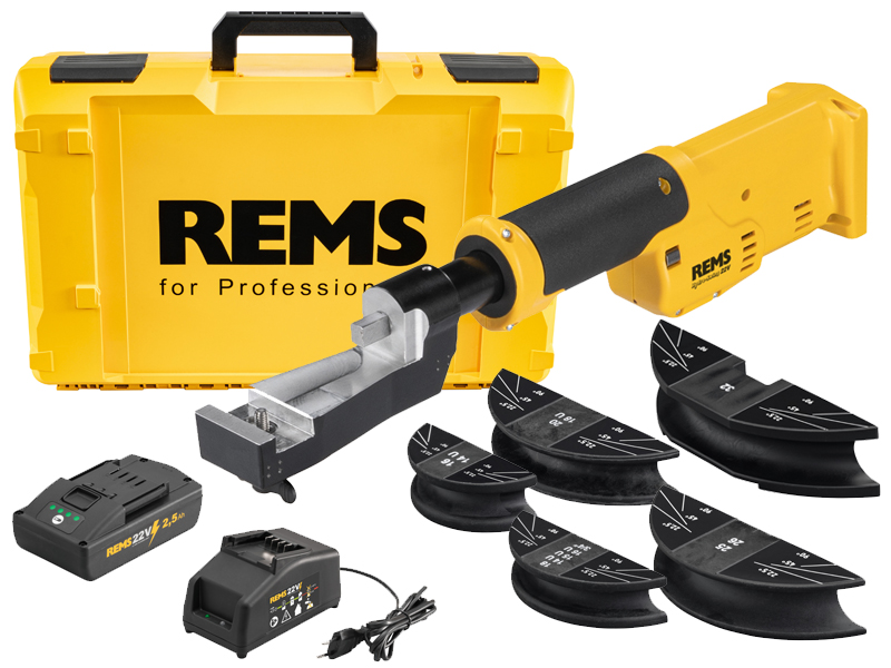Curvatubi a batteria REMS Hydro-Swing 22V in set con batteria, caricabatteria e 5 matrici, 16-32mm