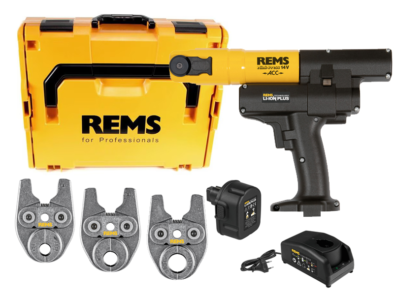 Pressatrice radiale REMS Mini-Press 14V ACC in set con batteria, caricabatterie e 3 ganasce TH