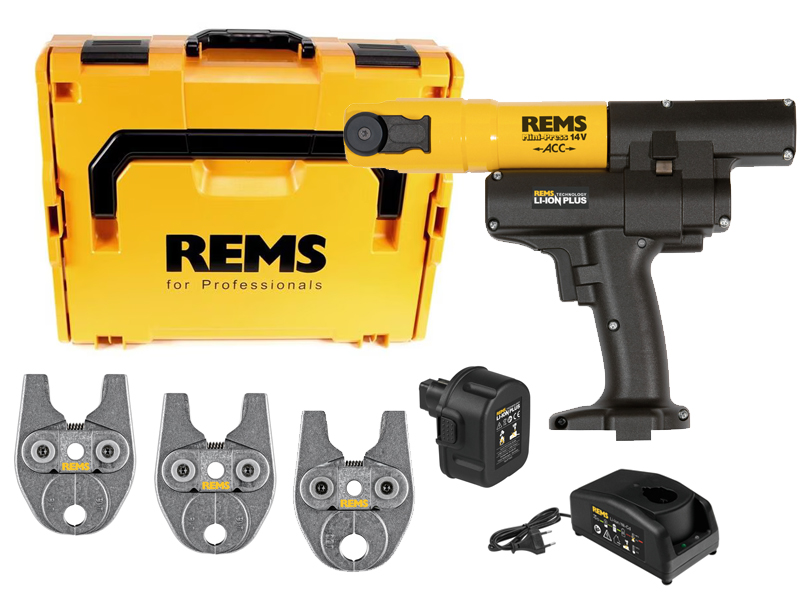 Pressatrice radiale REMS Mini-Press 14V ACC in set con batteria, caricabatterie e 3 ganasce U