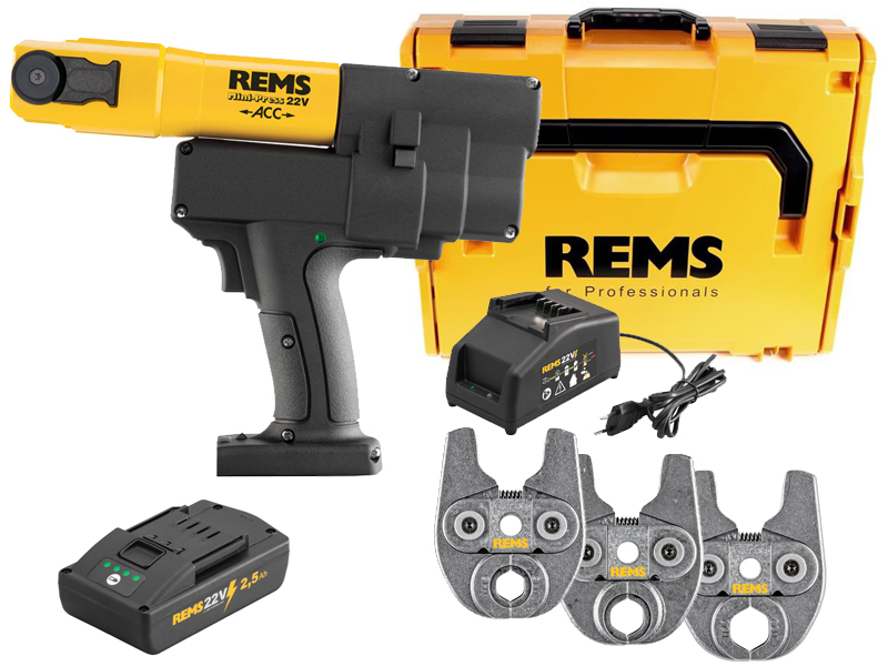 Pressatrice radiale REMS Mini-Press 22V ACC in set con batteria, caricabatterie e 3 ganasce M